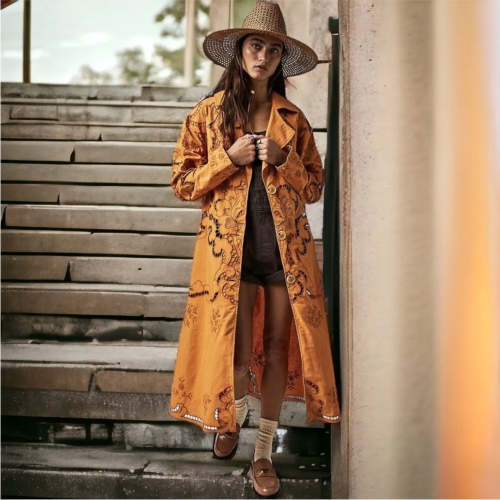 Free People linen batten-burg lace  Embroidered coat jacket xs